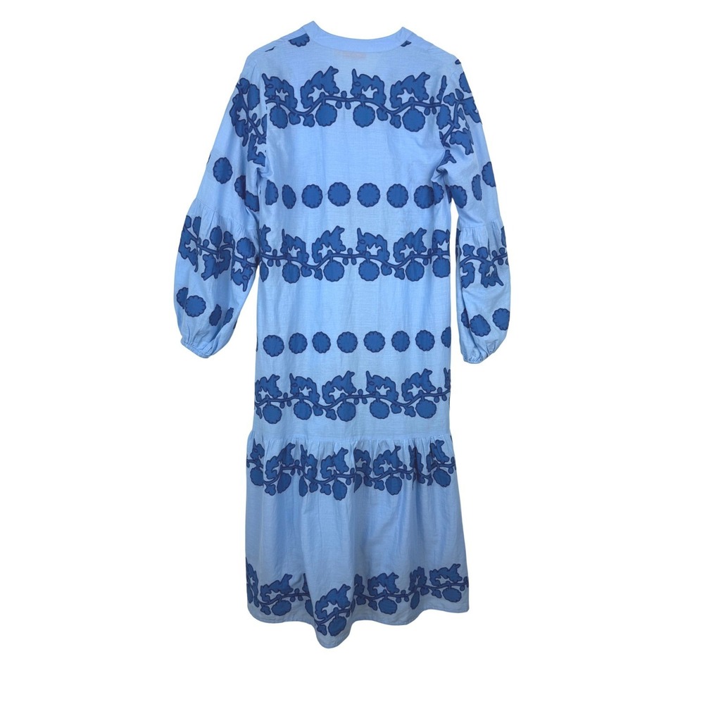 Oliphant Blue Embroidered Floral Applique Puff Sleeve Maxi Dress Medium - Picture 15 of 16